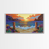 Sunset Beach, Waves, Colorful sunset beach seascape with waves and mountain view, Canvas Print, tropical coastal wall decor