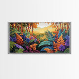 Jungle, Colorful, Leaves, Bold tropical jungle scene with vibrant foliage and golden sunlight, Canvas Print, boho bedroom wall art
