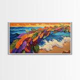 Feathers, Ocean, Sunset, Vibes, Framed Canvas Print, Bold beach decor, coastal boho wall art, tropical living room statement piece