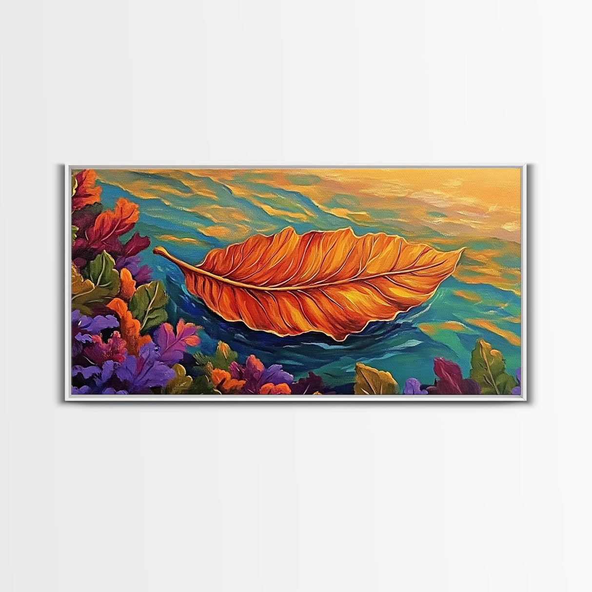 Leaf, Autumn, Floating, Nature, Framed Canvas Print, Fall themed leaf painting, cozy seasonal decor, rustic kitchen wall art