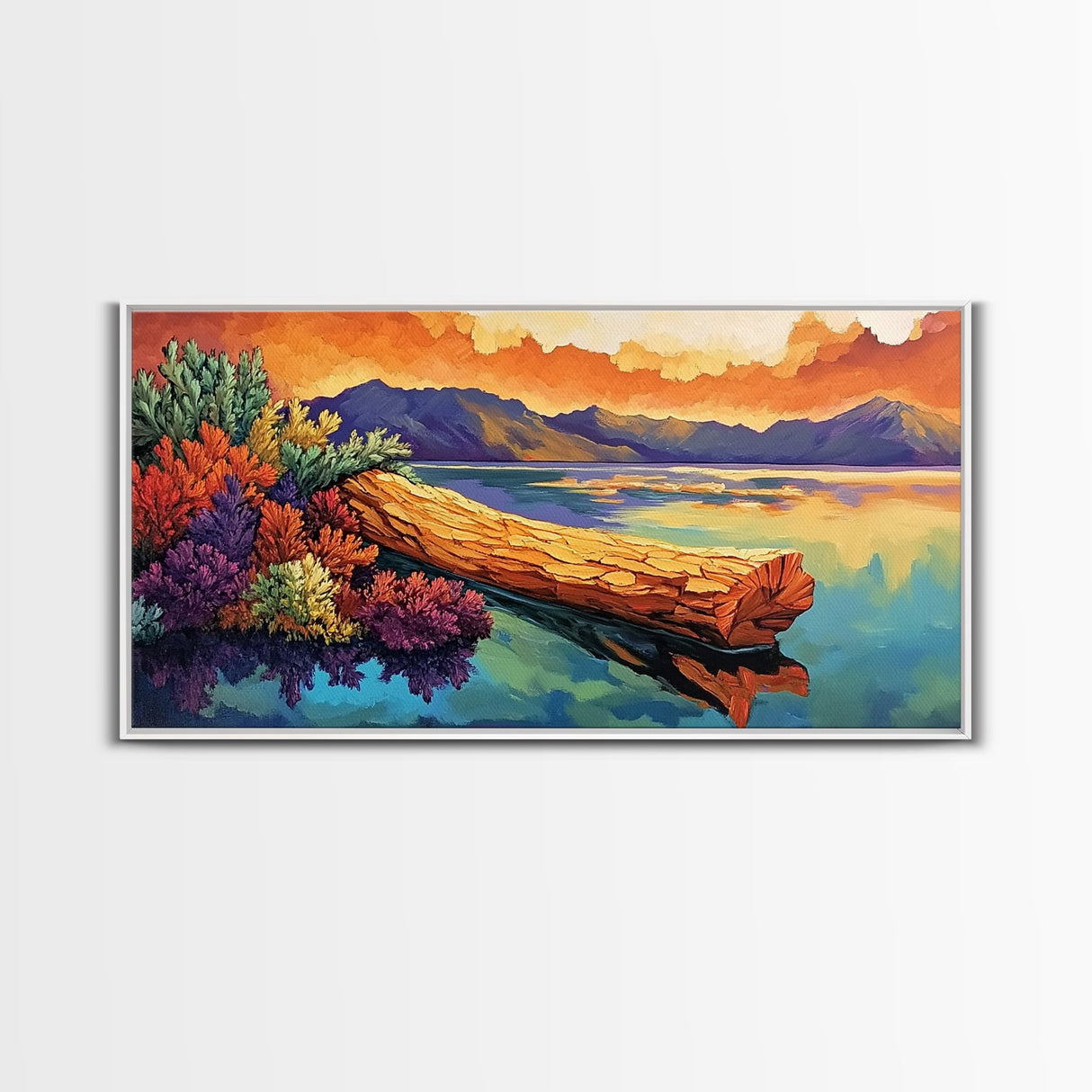 Driftwood, Water, Mountains, Nature, Framed Canvas Print, Scenic log lake art, cabin lodge vibes, peaceful living room wall decor