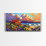 Cabin by Ocean, Colorful Beach Sunset, Cloudy Sky Art, Canvas Print, Autumn Wall Decor, Cozy Living Room Art, Rustic Coastal Scene