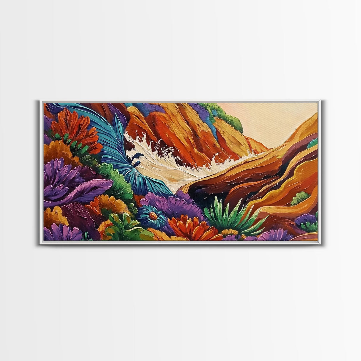 Rocky Wave Crash, Bold Ocean Splash, Coastal Nature Art, Framed Canvas Print, Vibrant Bathroom Decor, Colorful Beach Scene