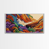Rocky Wave Crash, Bold Ocean Splash, Coastal Nature Art, Framed Canvas Print, Vibrant Bathroom Decor, Colorful Beach Scene