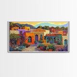 Colorful Adobe Homes, Desert Village Scene, Southwest Art Style, Canvas Print, Boho Wall Decor, Vibrant Courtyard Painting