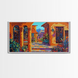 Spanish Courtyard, Colorful Villa Street, Southwest Patio Art, Framed Canvas Print, Mediterranean Home Decor, Rustic Wall Art
