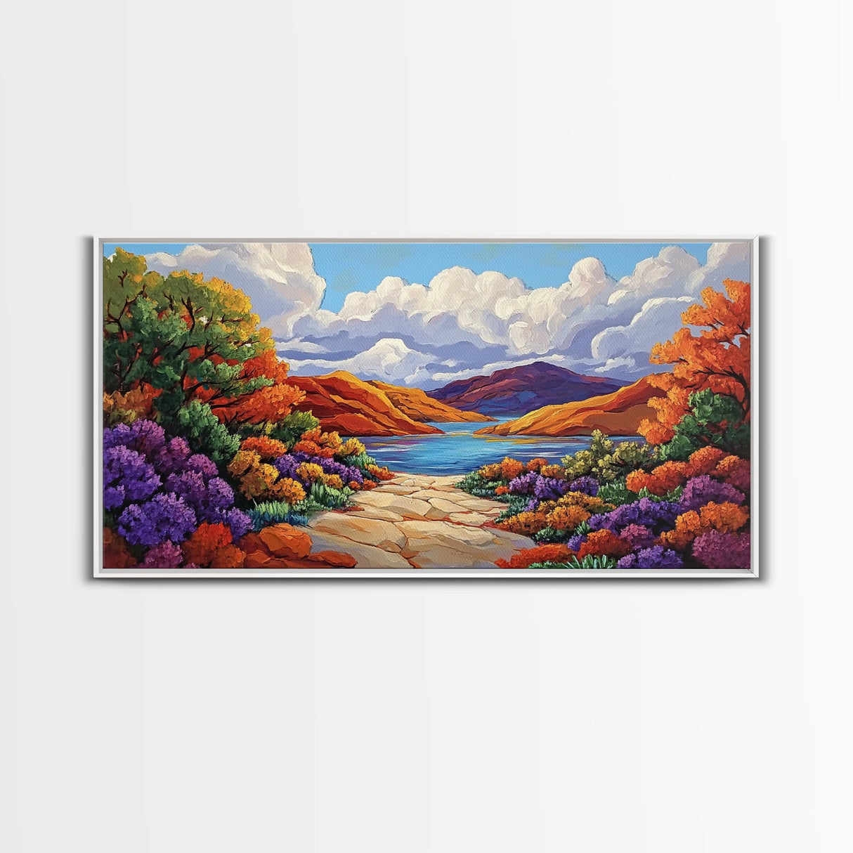 Canyon Lake Path, Colorful Wildflowers, Bold Autumn Hills, Framed Canvas Print, Nature Inspired Wall Art, Southwestern Decor