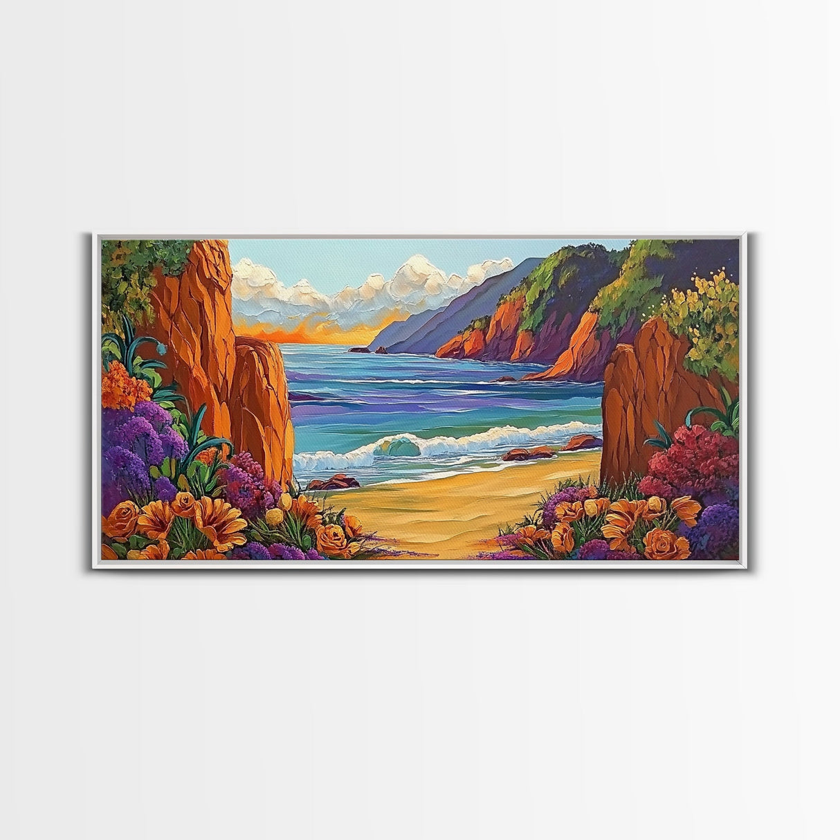 Ocean Cliffside, Flowers, Canvas Print, Colorful beachscape painting, Bathroom Wall Art, vibrant coastal decor,beach flower wall art