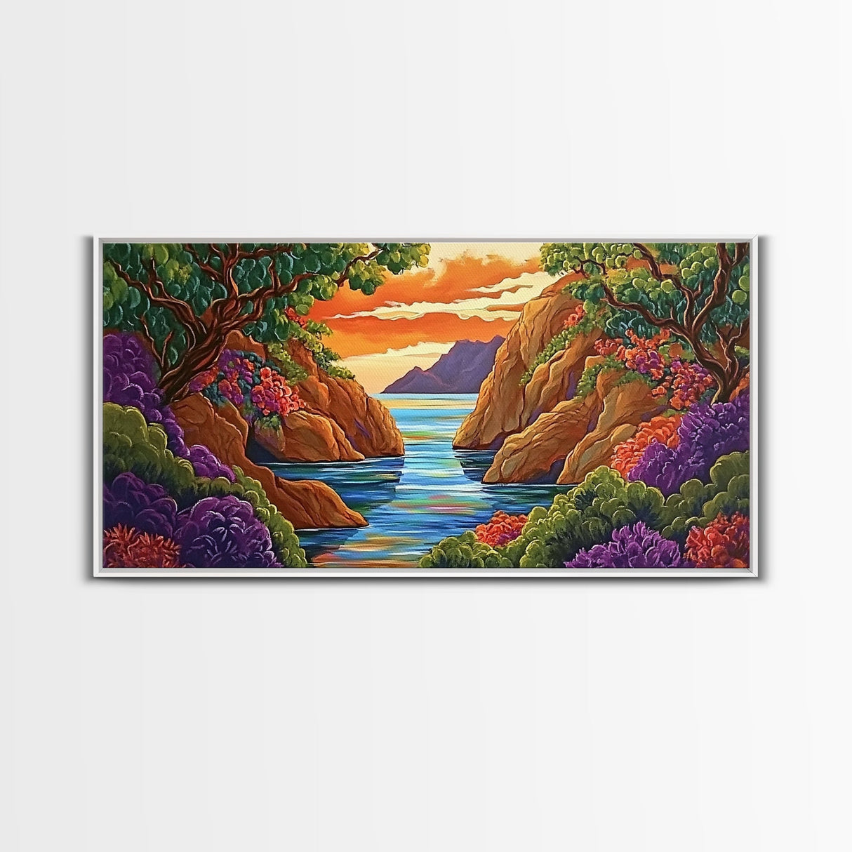 Sunset Bay, Trees, Tropical, Canvas Print, Nature Landscape Art, Colorful Wall Decor, Relaxing Home Vibes, Dining Room Accent