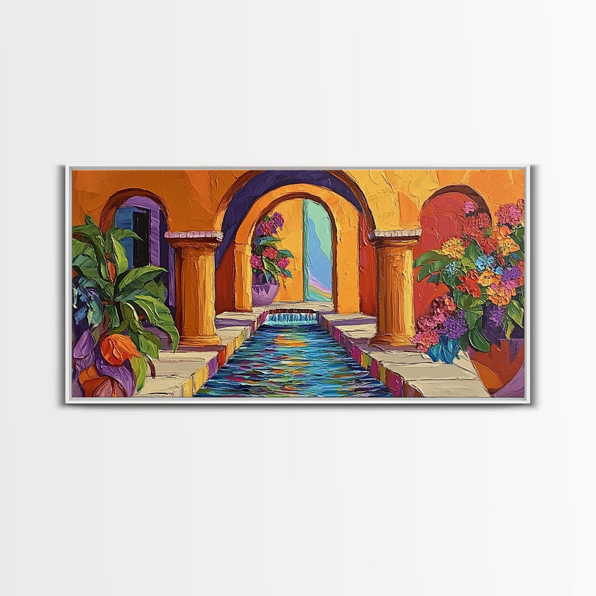 Courtyard Fountain, Colorful, Mediterranean, Framed Canvas Print, Spanish Style Art, Hallway Wall Decor, Bold Architecture Painting