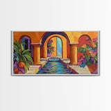 Courtyard Fountain, Colorful, Mediterranean, Framed Canvas Print, Spanish Style Art, Hallway Wall Decor, Bold Architecture Painting