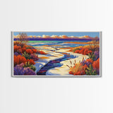 Winter River, Snow, Colorful, Framed Canvas Print, Winter Wonderland Art, Vibrant Seasonal Landscape, Cozy Cabin Wall Decor