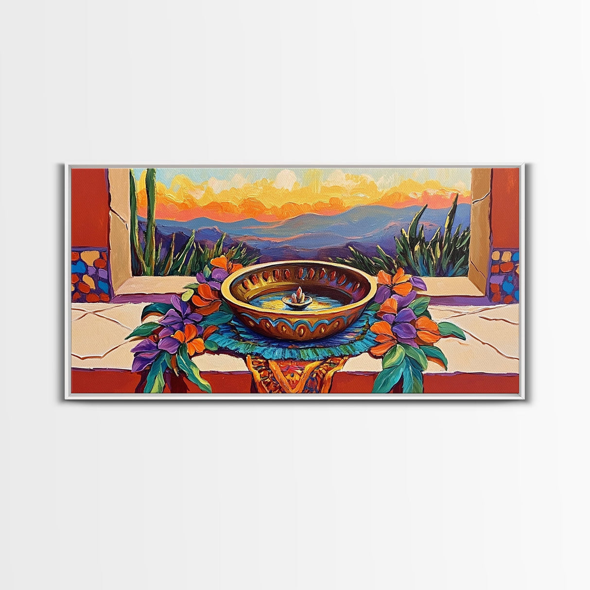 Fountain Sunset Flowers, Serenity, Framed Canvas Print, Southwestern Wall Art, Boho Vibe, Tranquil Home Decor, Kitchen or Entryway Art