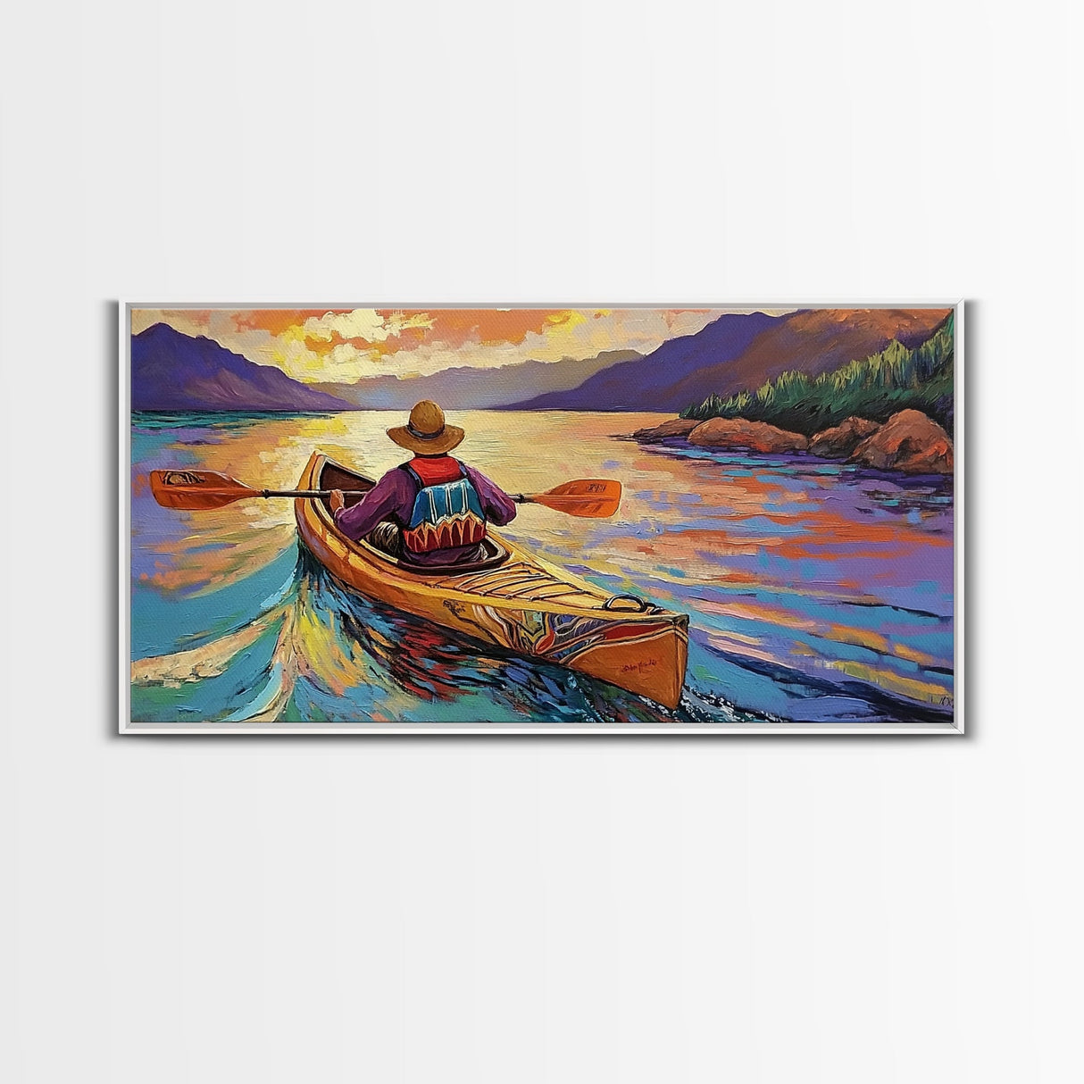 Kayaker Sunset, Mountains, Adventure, Framed Canvas Print, Lake Wall Art, Outdoor Lover Gift, Autumn Adventure Decor, Man Cave Wall Art
