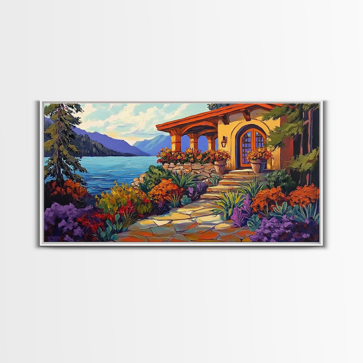 Lake Cabin, Garden, Pathway, Framed Canvas Print lakeside retreat artwork, rustic home wall art, cozy landscape scene, autumn print