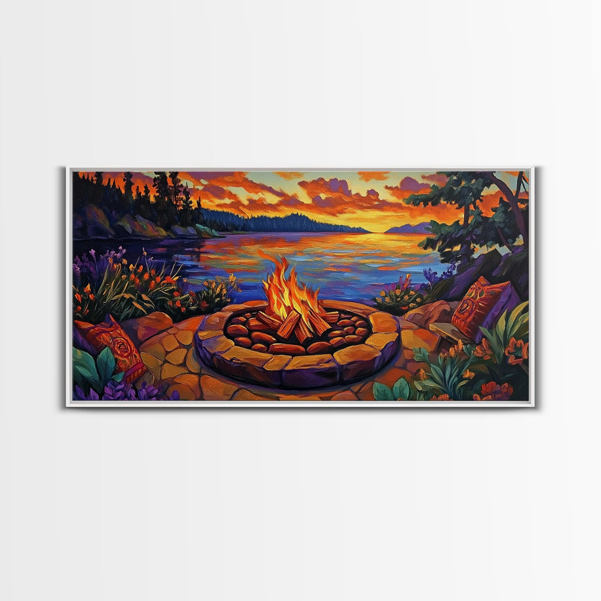 Firepit Sunset, Cozy, Night, Canvas Print warm evening campfire artwork, fall wall decor, lakeside cabin print, romantic outdoor setting