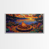 Firepit Sunset, Cozy, Night, Canvas Print warm evening campfire artwork, fall wall decor, lakeside cabin print, romantic outdoor setting