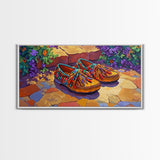 Colorful Moccasins, Boho, Style, Framed Canvas Print, vibrant moccasin shoes, Boho Decor, Bedroom Wall Art, Southwestern art