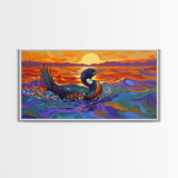Sunset Loon, Splash, Painting, Framed Canvas Print lakehouse wall art, coastal bathroom decor, vibrant nature print, ocean artwork