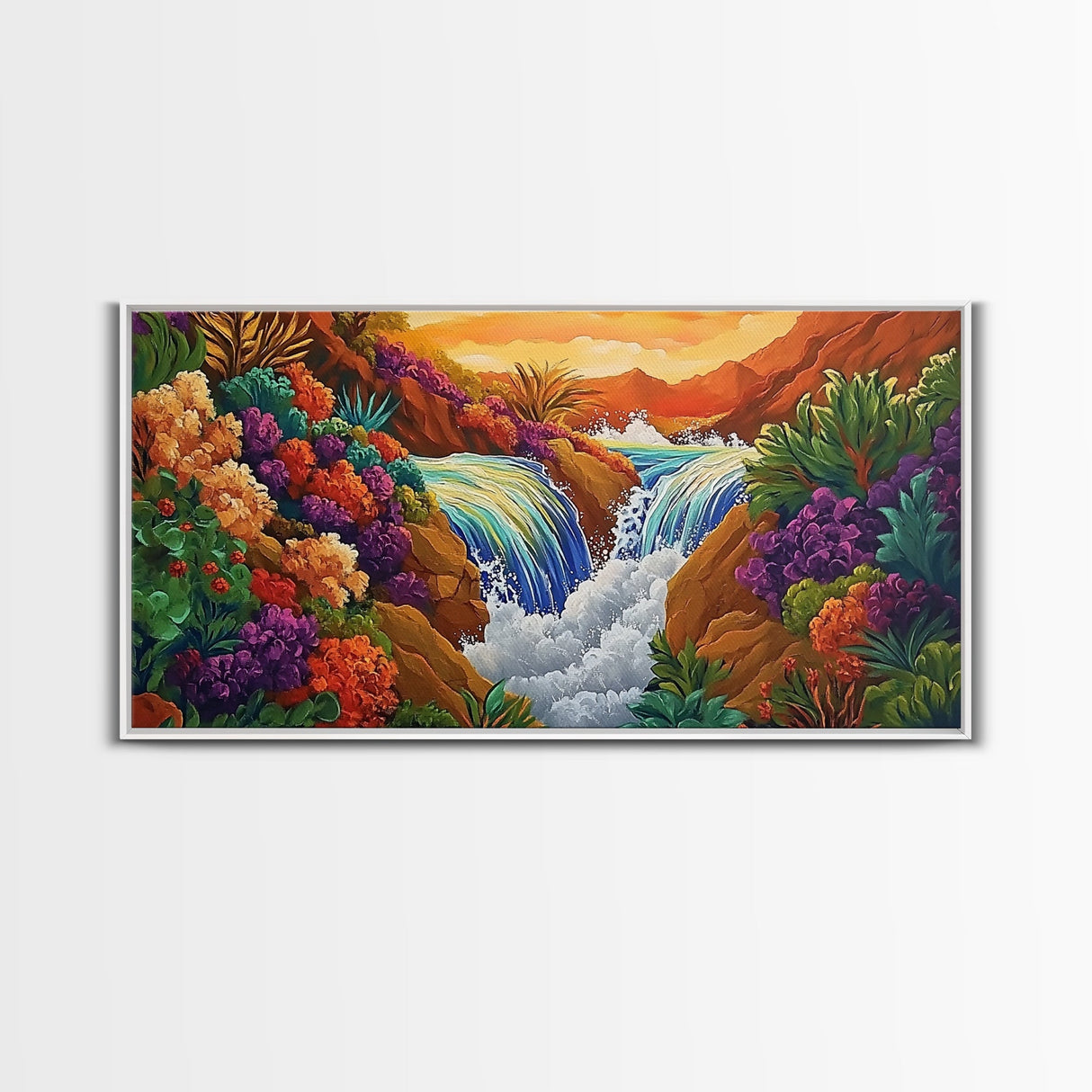 Sunset Waterfall, Vibrant Jungle, Tropical Landscape, Framed Canvas Print, Boho Wall Art, Bathroom or Bedroom Decor, Nature Painting