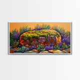 Moss Rock, Desert Garden, Sunset Stone, Framed Canvas Print, Rustic Wall Art, Kitchen or Bathroom Decor, Desert Botanical Artwork