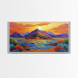 Island Sunset, Mountain Horizon, Ocean Glow, Framed Canvas Print, Bold Wall Art, Bedroom or Office Decor, Tropical Paradise Painting