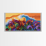Abstract Wave, Tropical Swirl, Sunset Motion, Framed Canvas Print, Colorful Modern Wall Art, Living Room Decor, Bold Ocean Art