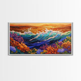 Ocean Bloom, Sunset Surf, Tropical Waves, Canvas Print, Vibrant Coastal Wall Art, Beach House Decor, Colorful Seascape Painting