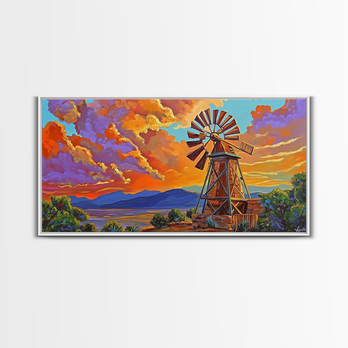 Rustic Windmill, Sunset, Country Sky, Canvas Print, Vibrant farmhouse scene perfect Fall Living Room Wall Art or Rustic Home Decor