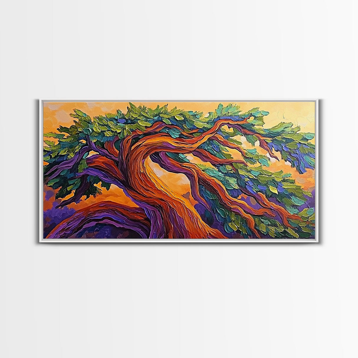 Whimsical Tree, Autumn Sky, Nature, Canvas Print, Bright textured tree painting perfect Fall Bedroom Wall Art or Boho Living Room Art