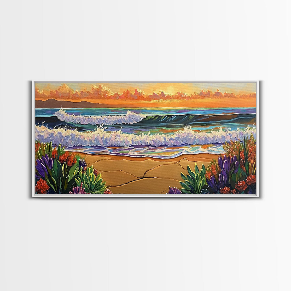 Ocean Sunset, Waves, Coastal, Canvas Print, ocean waves at sunset, Coastal Wall Art, vibrant seascape decor, beach house art
