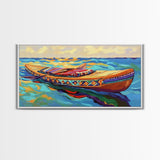 Canoe Water, Colorful, Tribal, Canvas Print, boho kayak art, nautical decor, beach house wall art, rustic folk painting, summer vibe