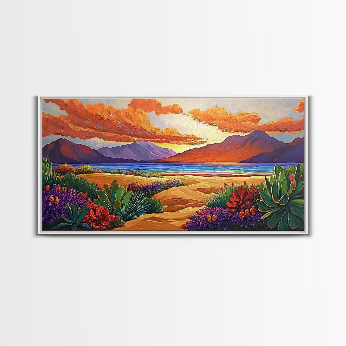 Sunset Desert, Mountains, Canvas Print, Vibrant desert landscape art with sunset sky and mountains, perfect Living Room Wall Art