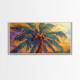 Palm Tree Sunset, Tropical, Framed Canvas Print, Bold colorful palm tree art in sunset sky, great Summer Beach Wall Art, tropical decor