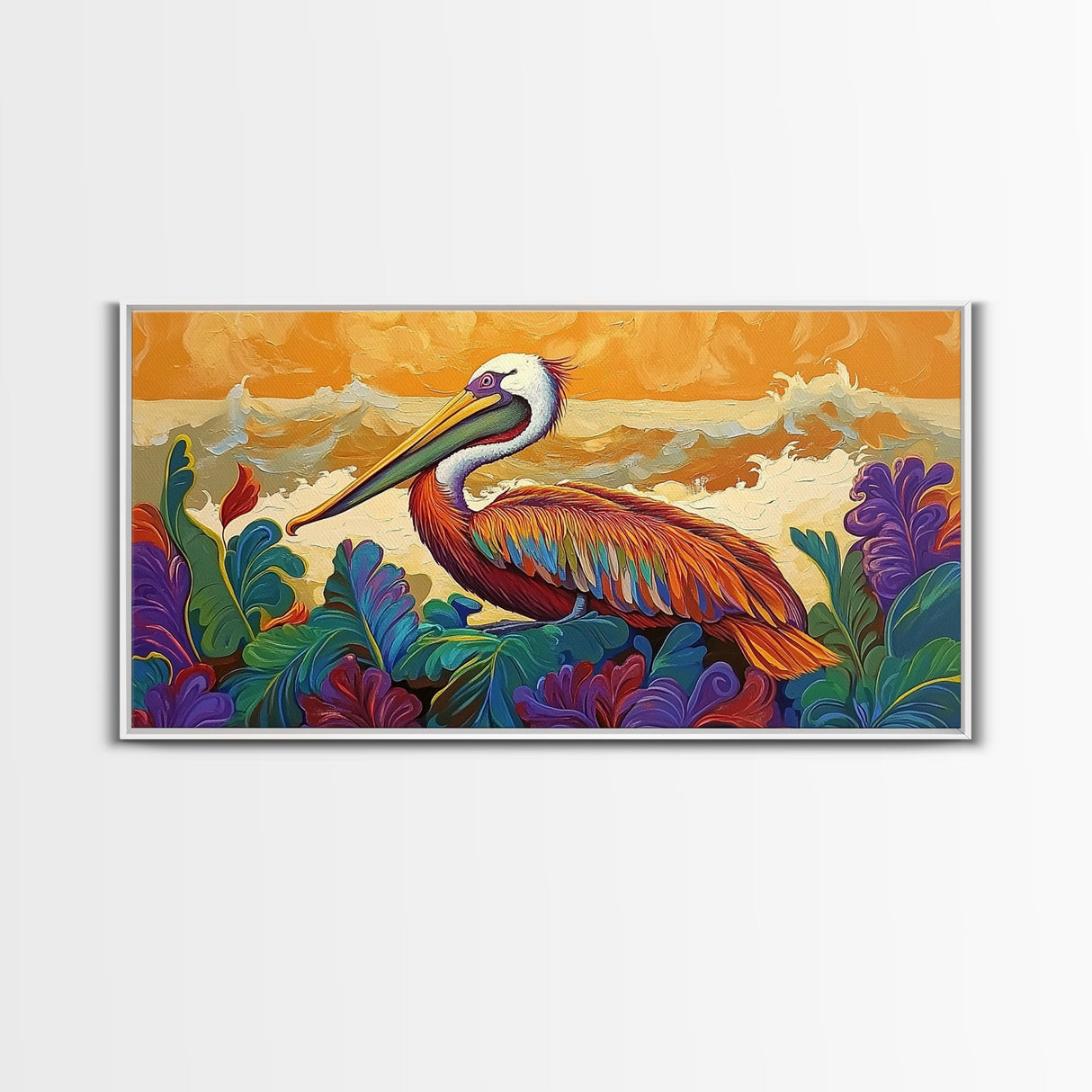 Pelican, Waves Tropical, Canvas Print, Bright tropical pelican artwork with ocean waves and foliage, great Bathroom Wall Art