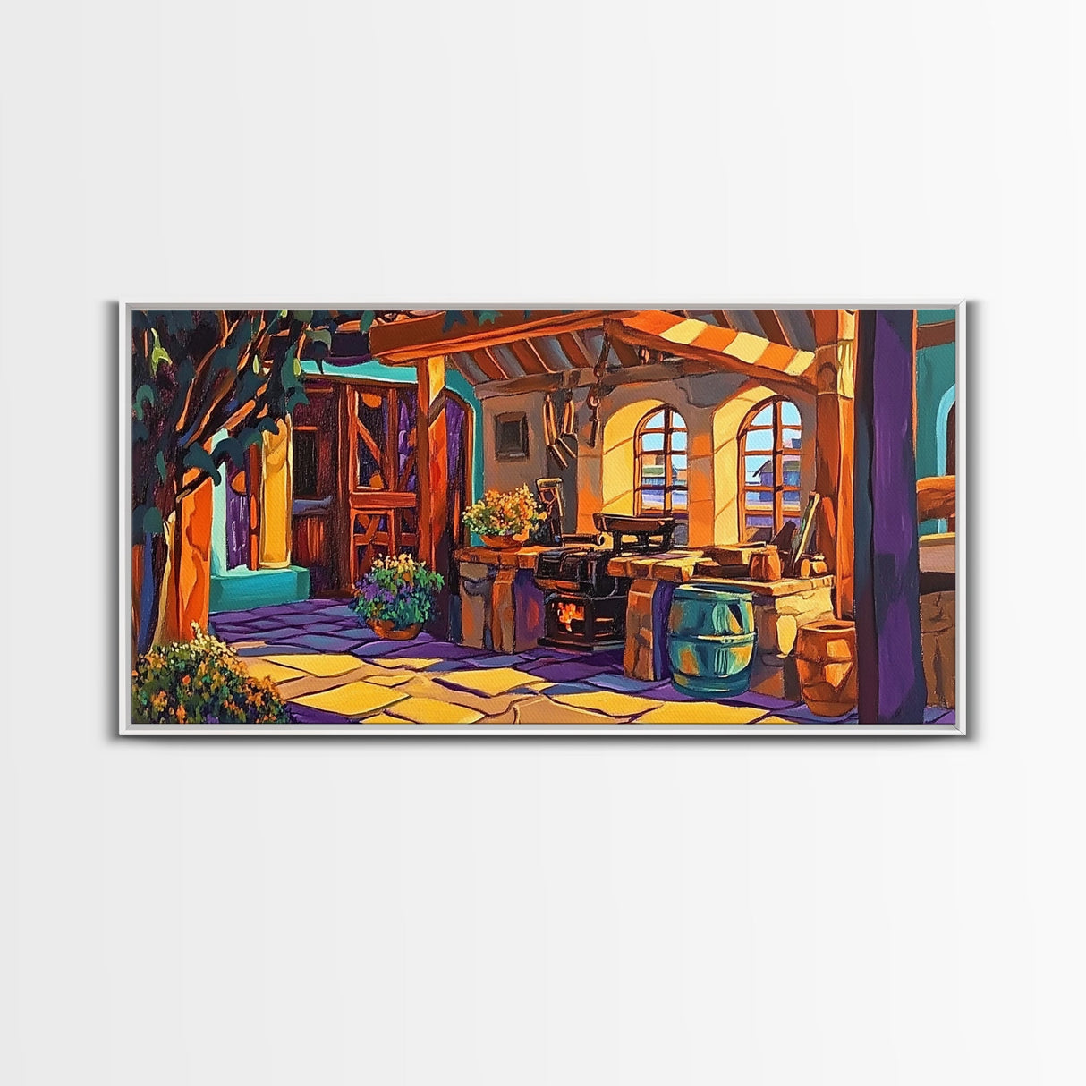 Rustic Kitchen, Mexican, Decor, Framed Canvas Print of rustic kitchen, Kitchen Wall Art, warm tones, bohemian style interior decor