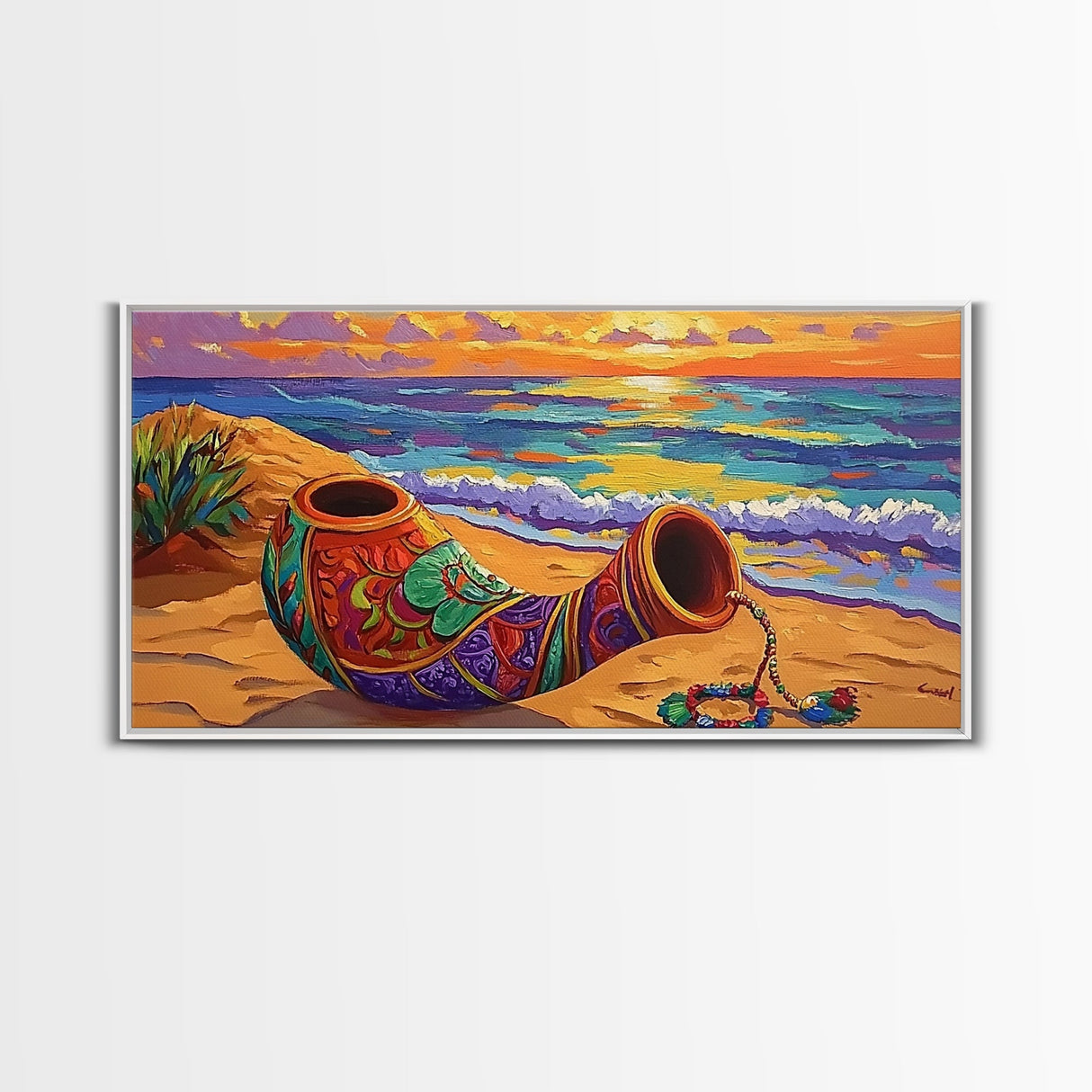 Horn Sand, Sunset, Shore, Framed Canvas Print boho beach decor, living room Mexican art, coastal horn painting, rustic folk art