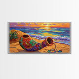 Horn Sand, Sunset, Shore, Framed Canvas Print boho beach decor, living room Mexican art, coastal horn painting, rustic folk art