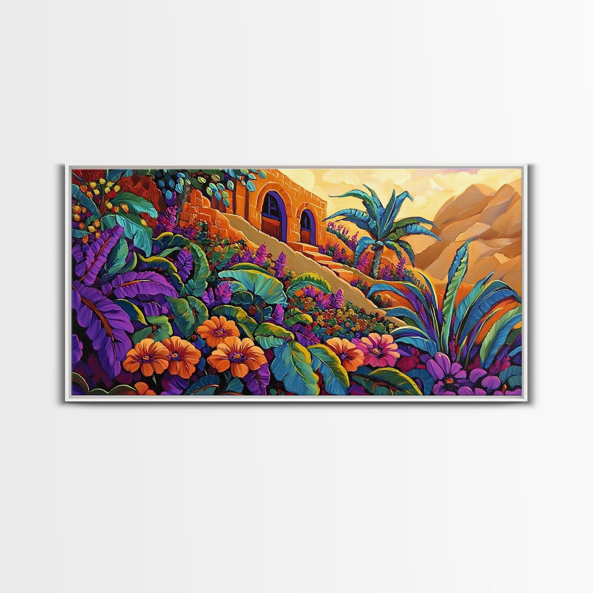 Jungle, Flowers, Adobe, Hillside, Framed Canvas Print tropical wall art, vibrant living room decor, boho jungle scene painting
