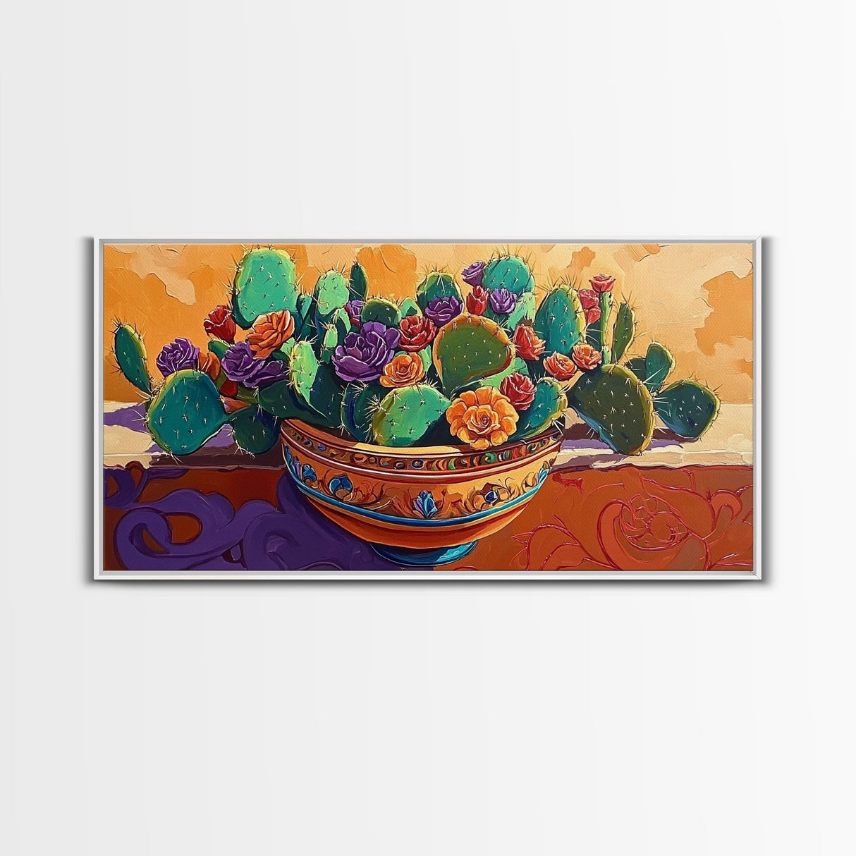 Cactus, Succulent, Pottery, Flowers, Canvas Print southwestern kitchen wall art, vibrant decor, colorful succulent painting