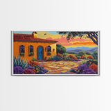 House Sunset, Garden, Southwest, Framed Canvas Print warm adobe home wall art, colorful southwestern sunset print, cozy kitchen decor