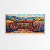 Gate Flowers, Mountains, Country, Framed Canvas Print rustic floral country gate art, bright farmhouse boho garden decor, patio print
