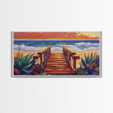 Beach Boardwalk, Sunset, View, Framed Canvas Print, boardwalk to beach, Coastal Entryway Art, sunset seascape painting, ocean cottage