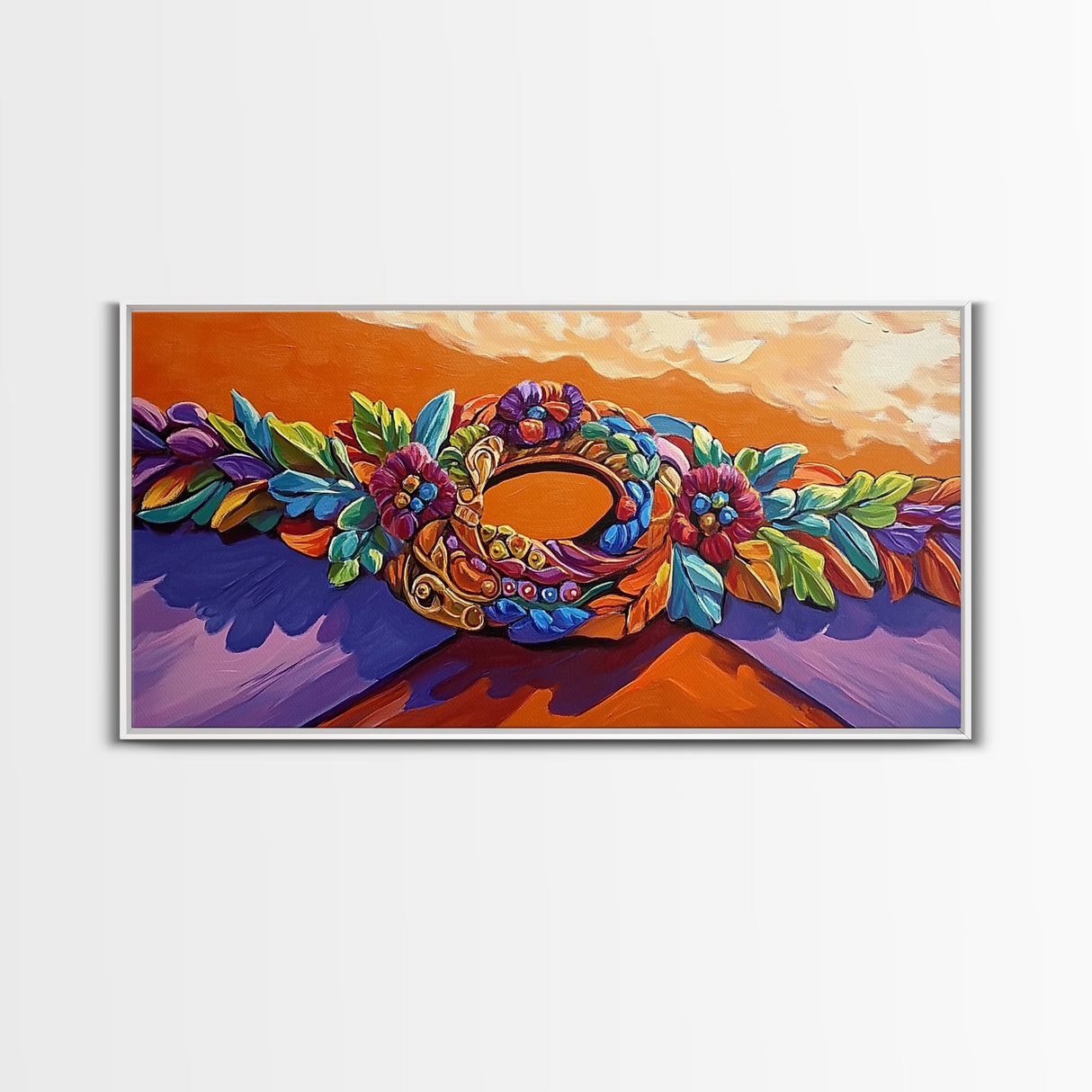 Wreath Orange, Floral, Framed Canvas Print, Bright Floral Crown Wall Decor, Whimsical Art Style, Bohemian Bedroom Artwork