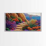 Floral Path, Coastal Trail, Ocean View, Framed Canvas Print, Bright Nature Wall Art, Vibrant Hallway or Kitchen Boho Decor
