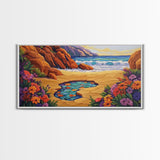 Tide Pool, Sandy Shore, Flower Beach, Canvas Print, Coastal Floral Wall Art, Vibrant Kitchen  Art, Hallway Summer Decor