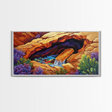 Desert Hidden, Oasis, Waterfall, Framed Canvas Print Nature-inspired boho landscape, colorful living room wall art, southwest decor