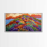 Wildflower Mountain, Sunrise, Hillside, Framed Canvas Print Bold desert landscape, colorful botanical art, boho Fall bedroom decor