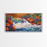 Rainbow, Waterfall, Jungle, Sunset, Framed Canvas Print Tropical boho art, bathroom art, living room decor, floral nature painting