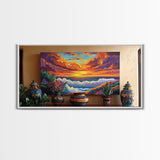 Sunset Ocean, Waves, Vibrant, Coastal Landscape Framed Canvas Print, Living Room Wall Art, Bold Color Art, Tropical Beach Sunset Decor